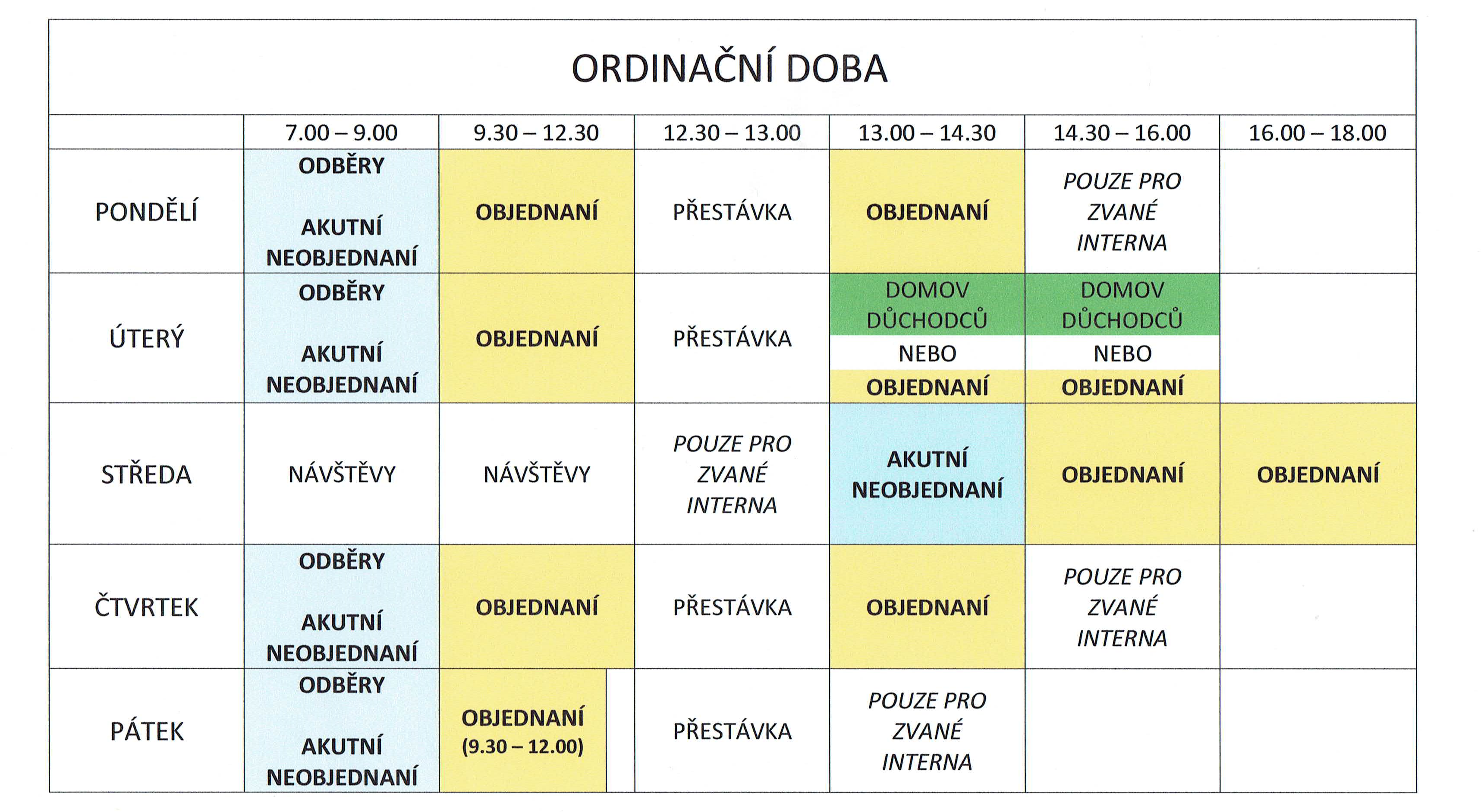 Tabulka s rozvrhem ordinační doby Ordinace Frýdlant