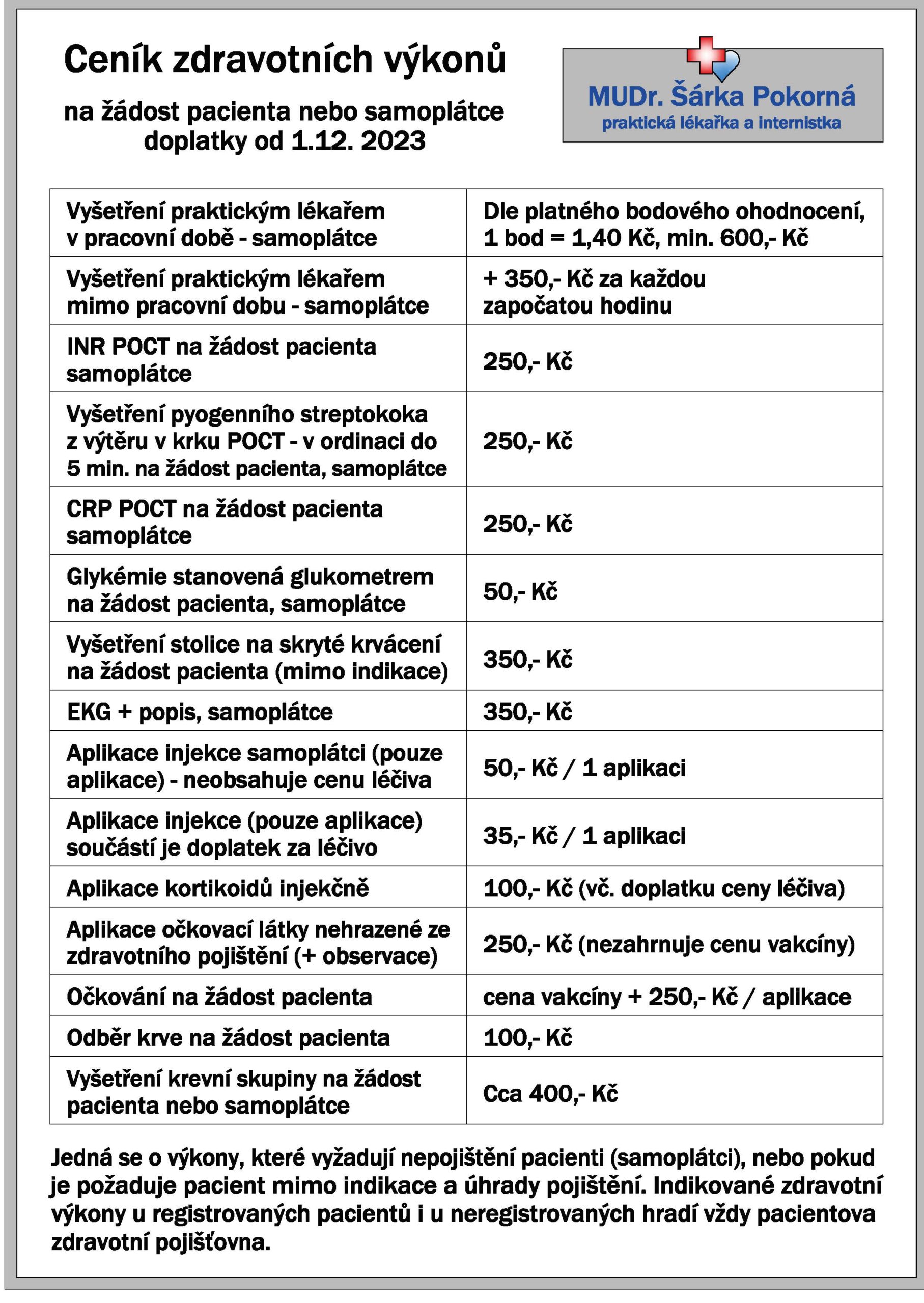 Obrázek s ceníkem zdravotních výkonů na žádost pacienta nebo samoplátce